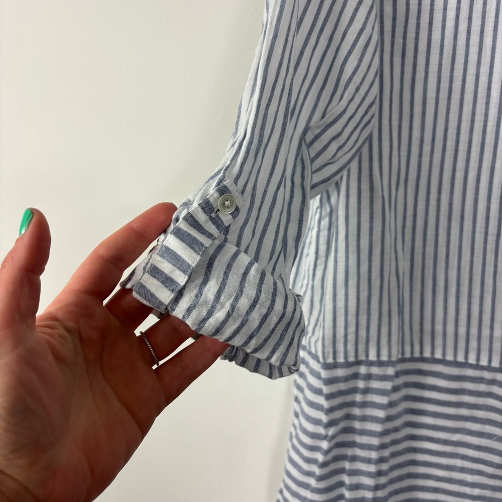 J. Jill Striped Button Up Womens M Mixed Print Roll Tab Sleeve Coastal Beach - Picture 3 of 6